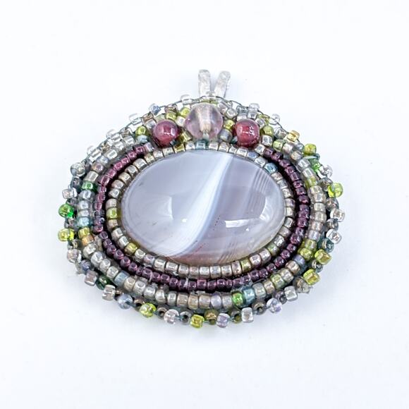 Vintage Sterling Silver 925 Agate and Glass Bead Felt Back Pendant - Picture 2 of 8